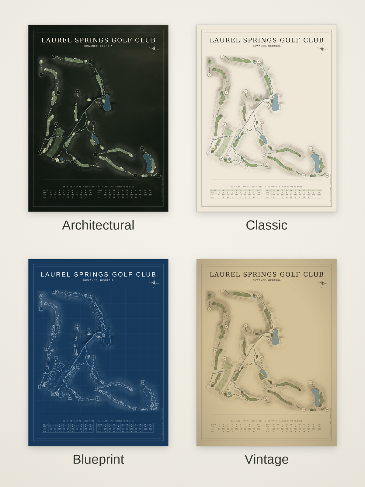 Laurel Springs Golf Club course map poster in four styles: Architectural, Classic, Blueprint and Vintage