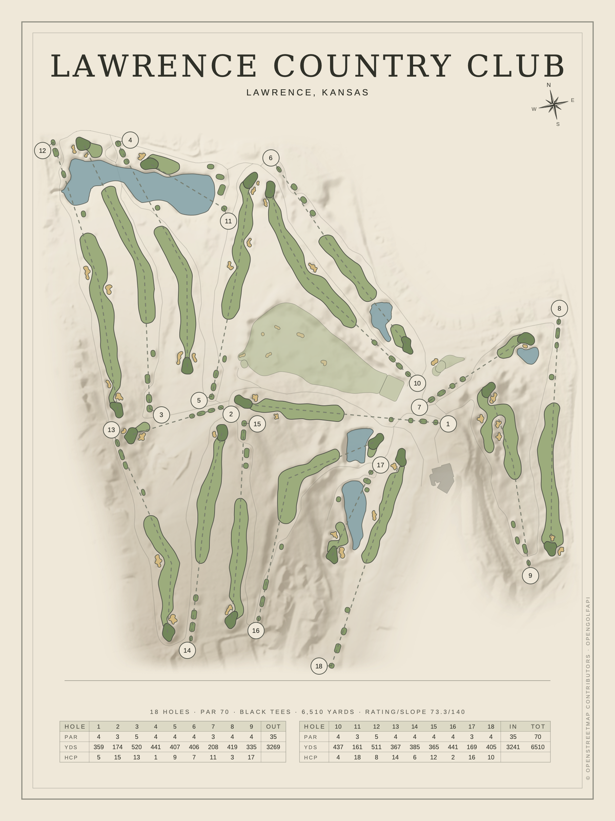 Lawrence Country Club course map poster, Classic style, 12×16 / 18×24