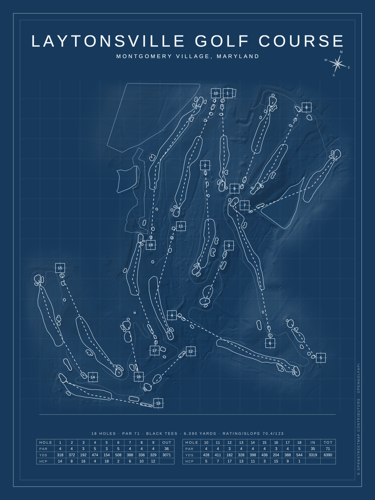 Laytonsville Golf Course map poster, Blueprint style, 12×16 / 18×24
