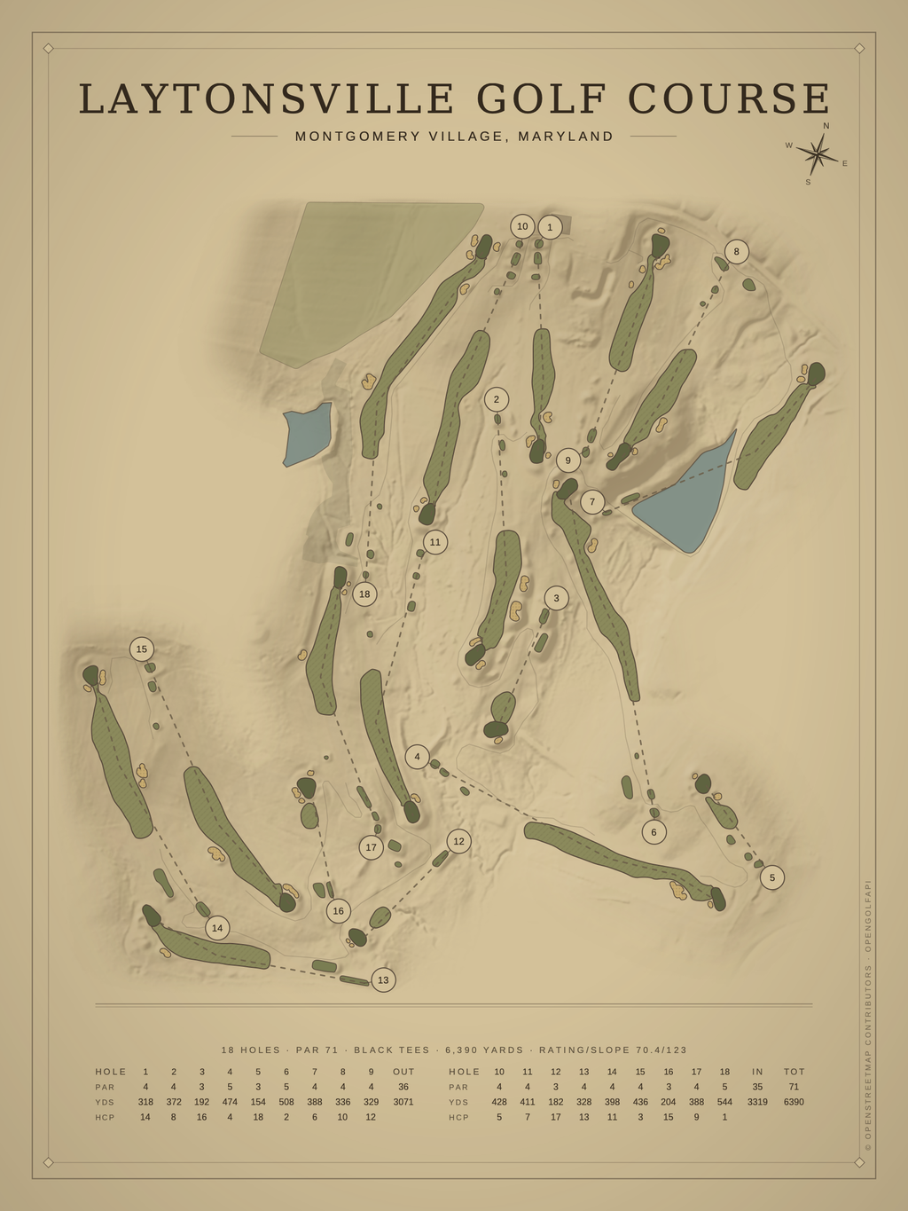 Laytonsville Golf Course map poster, Vintage style, 12×16 / 18×24