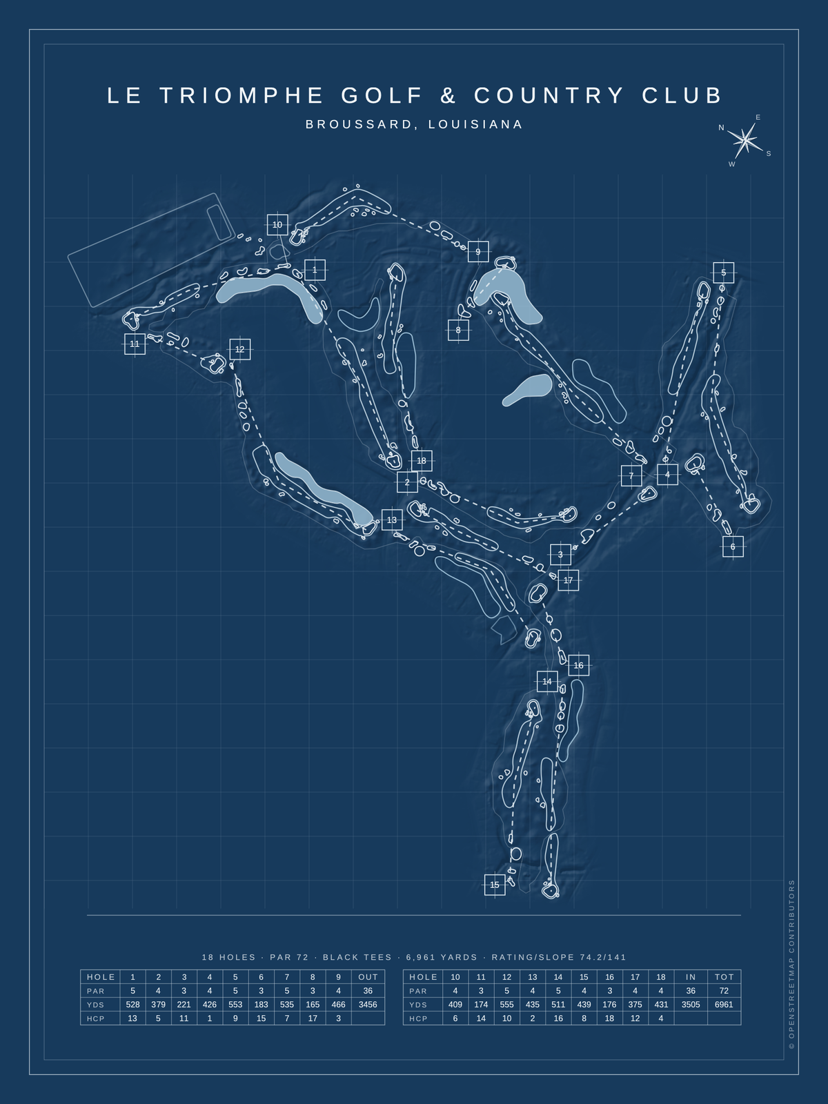 Le Triomphe Golf & Country Club course map poster, Blueprint style, 12×16 / 18×24