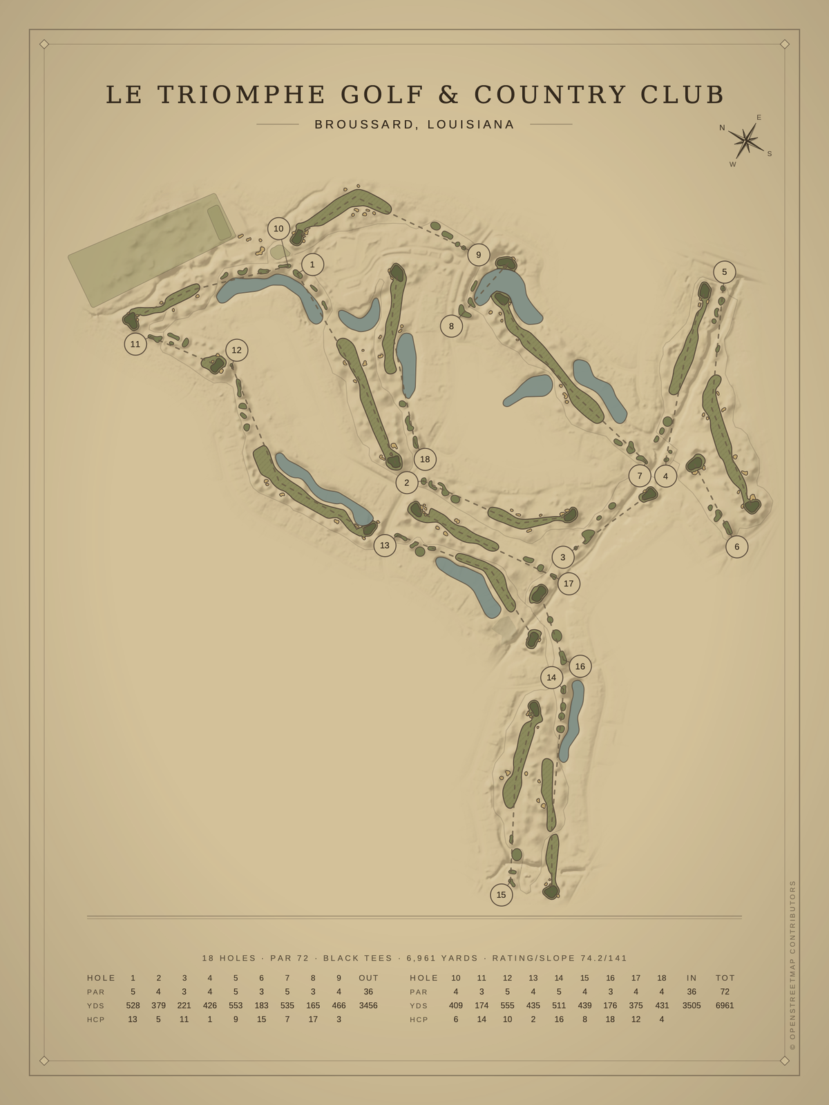 Le Triomphe Golf & Country Club course map poster, Vintage style, 12×16 / 18×24