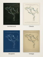 Le Triomphe Golf & Country Club course map poster in four styles: Architectural, Classic, Blueprint and Vintage