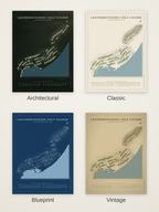 Leatherstocking Golf Course map poster in four styles: Architectural, Classic, Blueprint and Vintage