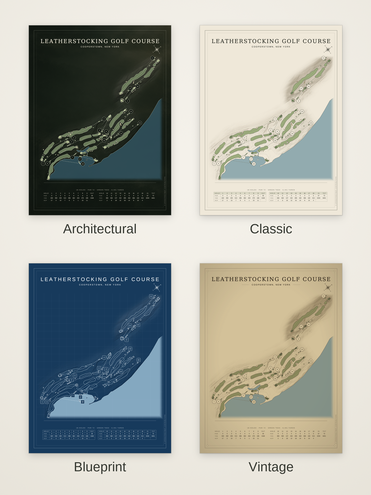 Leatherstocking Golf Course map poster in four styles: Architectural, Classic, Blueprint and Vintage
