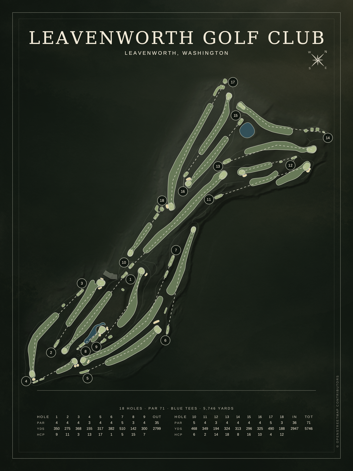 Leavenworth Golf Club course map poster, Architectural style, 12×16 / 18×24