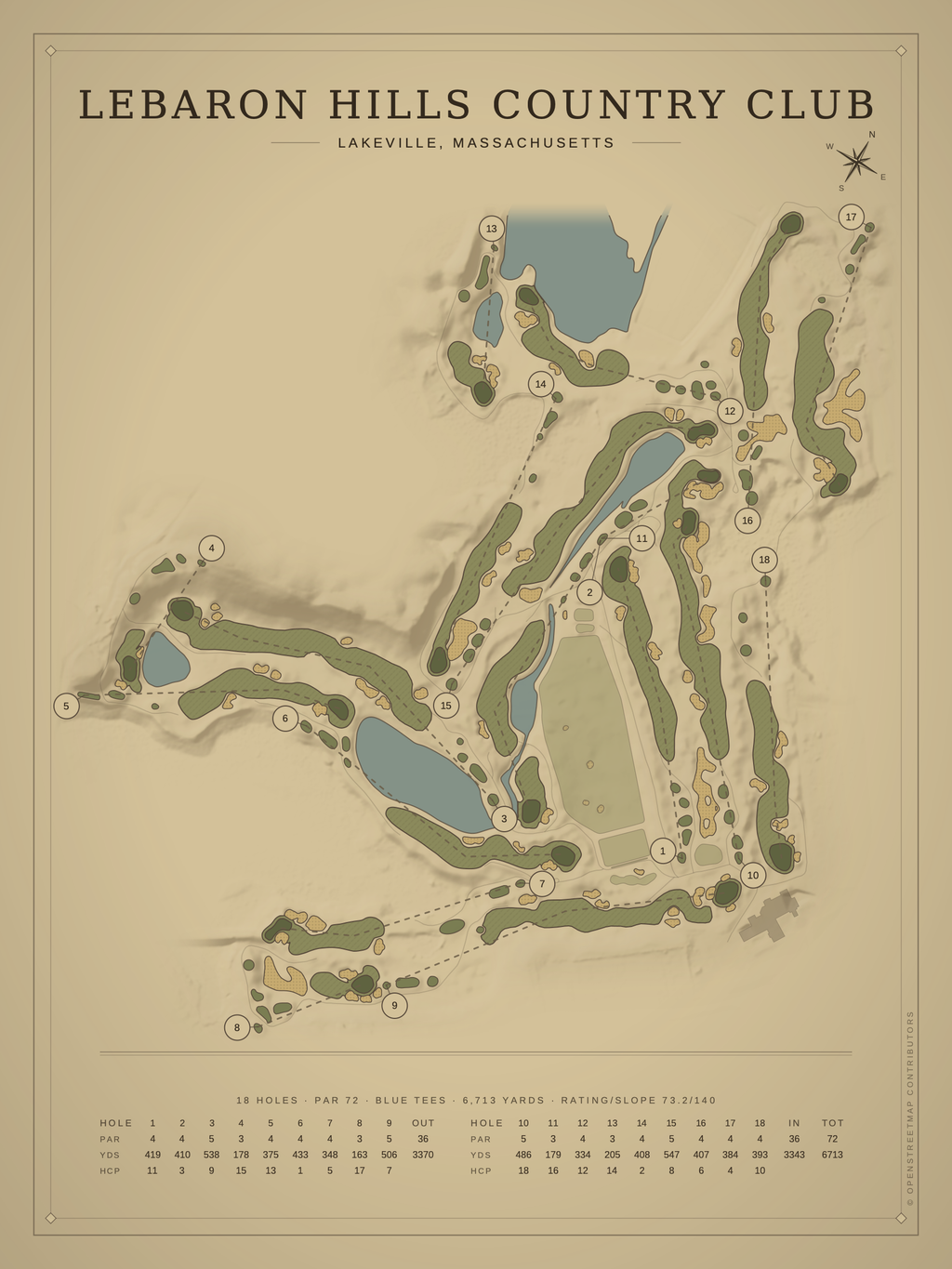 LeBaron Hills Country Club course map poster, Vintage style, 12×16 / 18×24