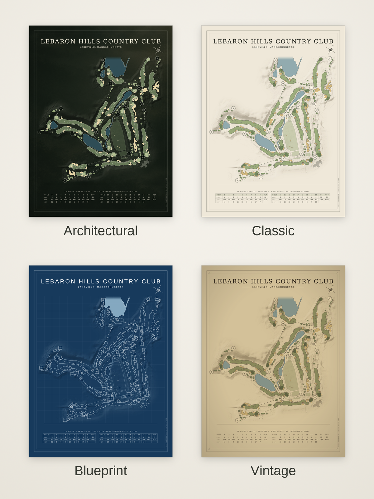 LeBaron Hills Country Club course map poster in four styles: Architectural, Classic, Blueprint and Vintage