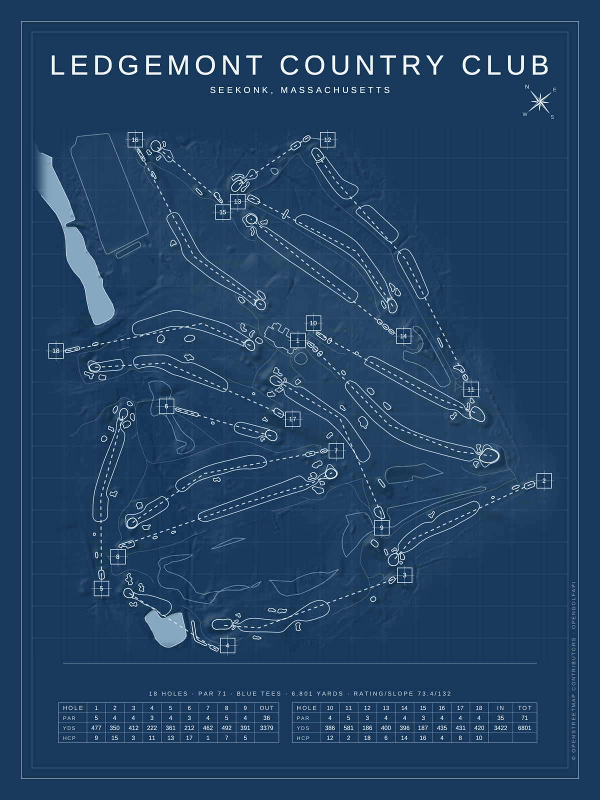 Ledgemont Country Club course map poster, Blueprint style, 12×16 / 18×24