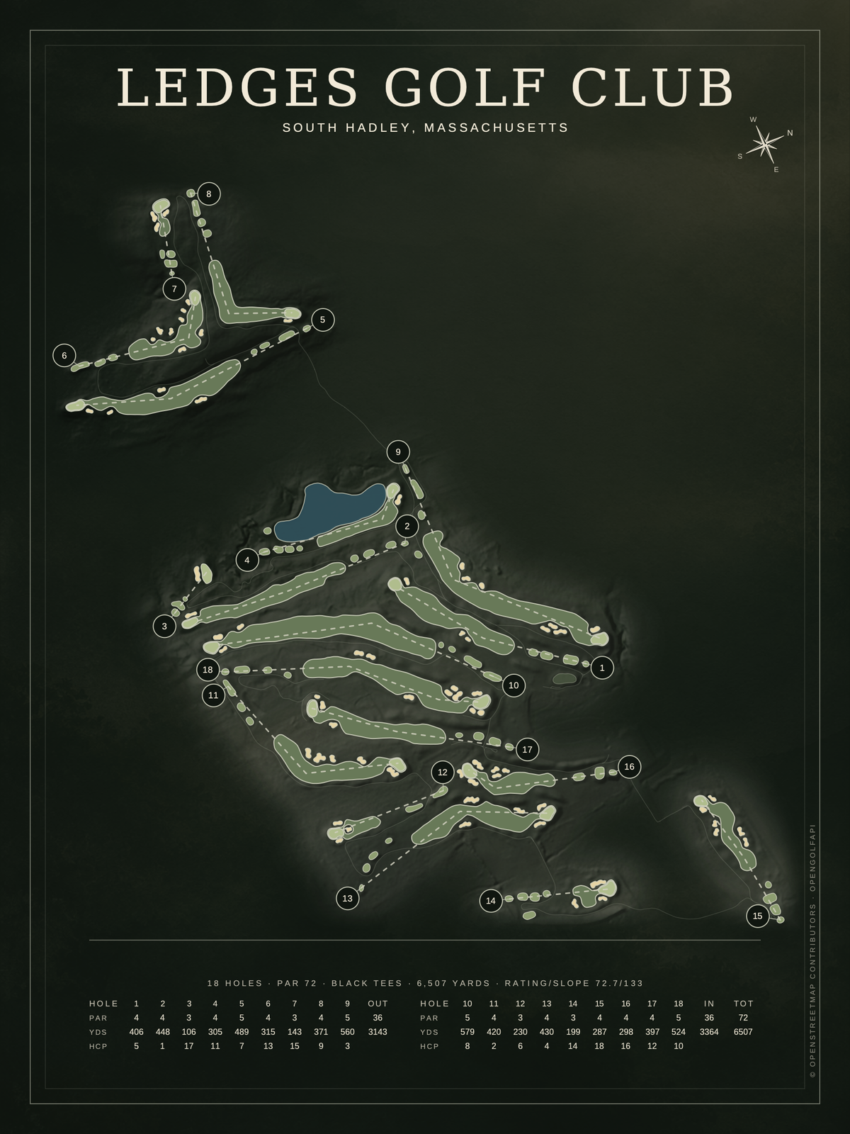 Ledges Golf Club course map poster, Architectural style, 12×16 / 18×24