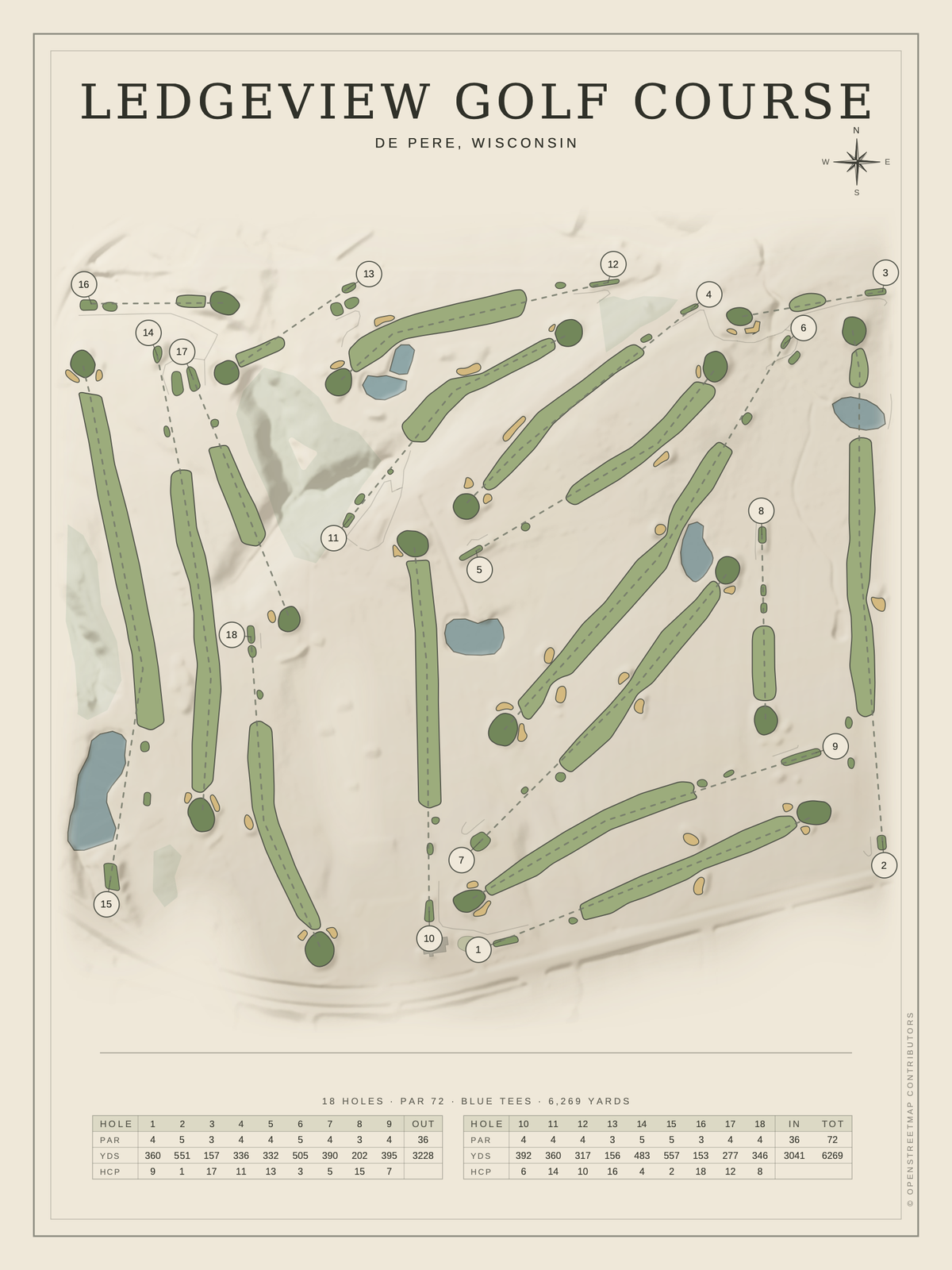 Ledgeview Golf Course map poster, Classic style, 12×16 / 18×24