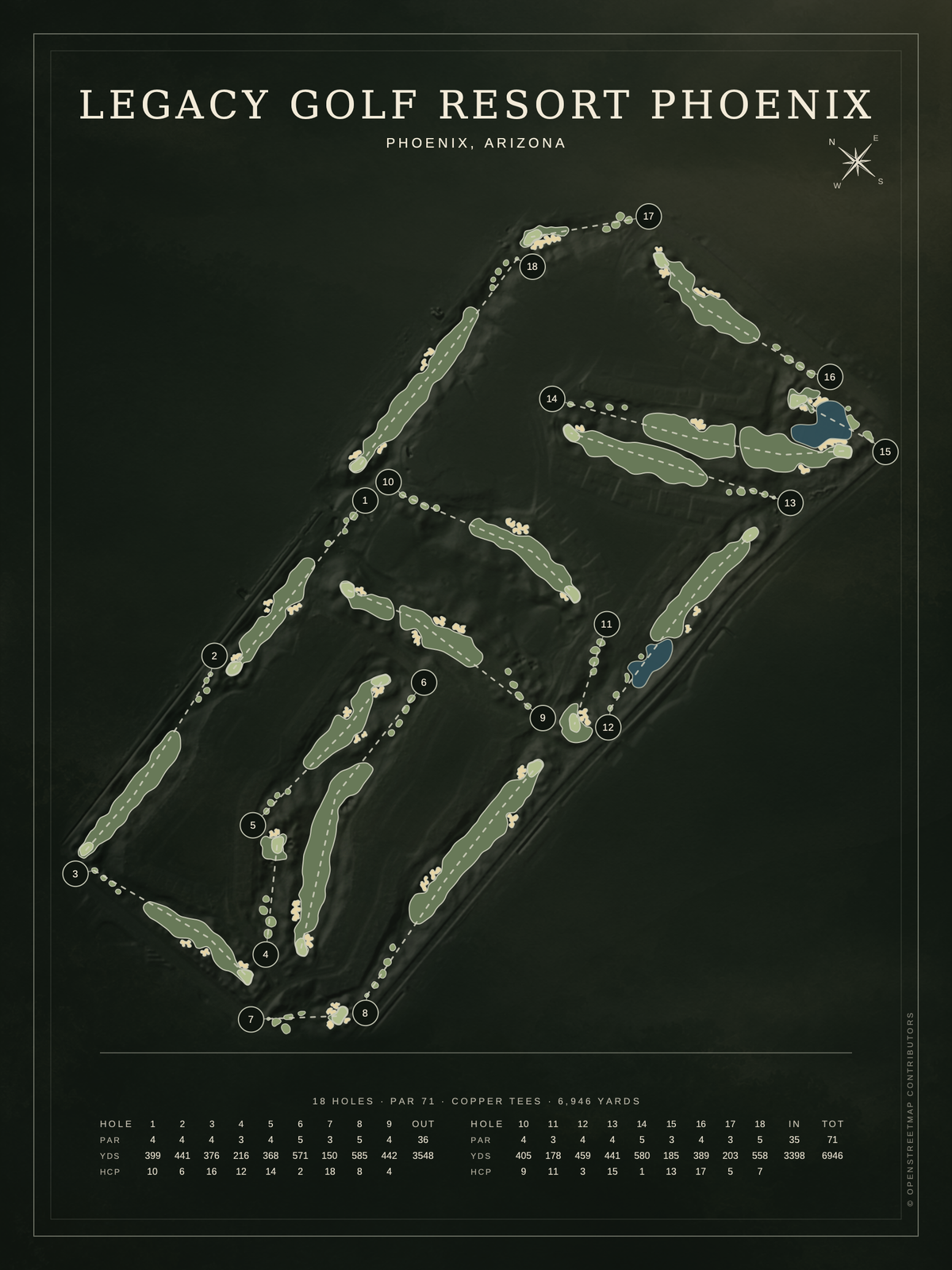 Legacy Golf Resort Phoenix course map poster, Architectural style, 12×16 / 18×24