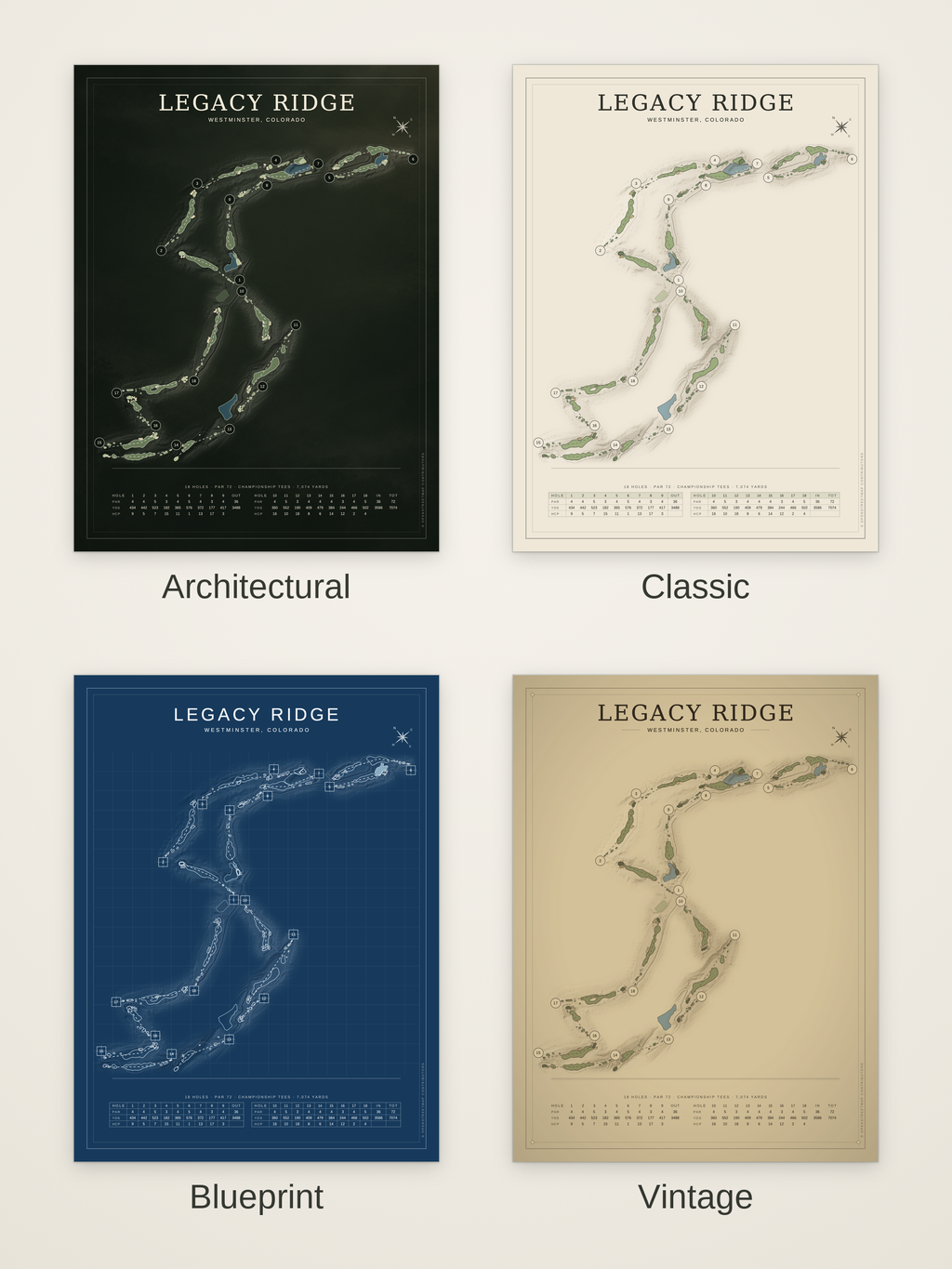 Legacy Ridge course map poster in four styles: Architectural, Classic, Blueprint and Vintage