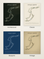 Legacy Ridge course map poster in four styles: Architectural, Classic, Blueprint and Vintage