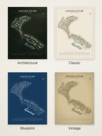 Legislator course map poster in four styles: Architectural, Classic, Blueprint and Vintage