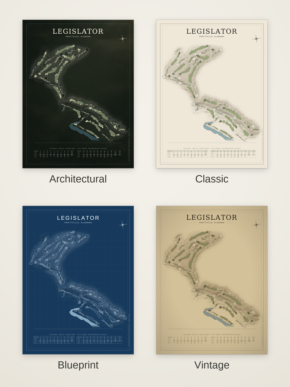 Legislator course map poster in four styles: Architectural, Classic, Blueprint and Vintage