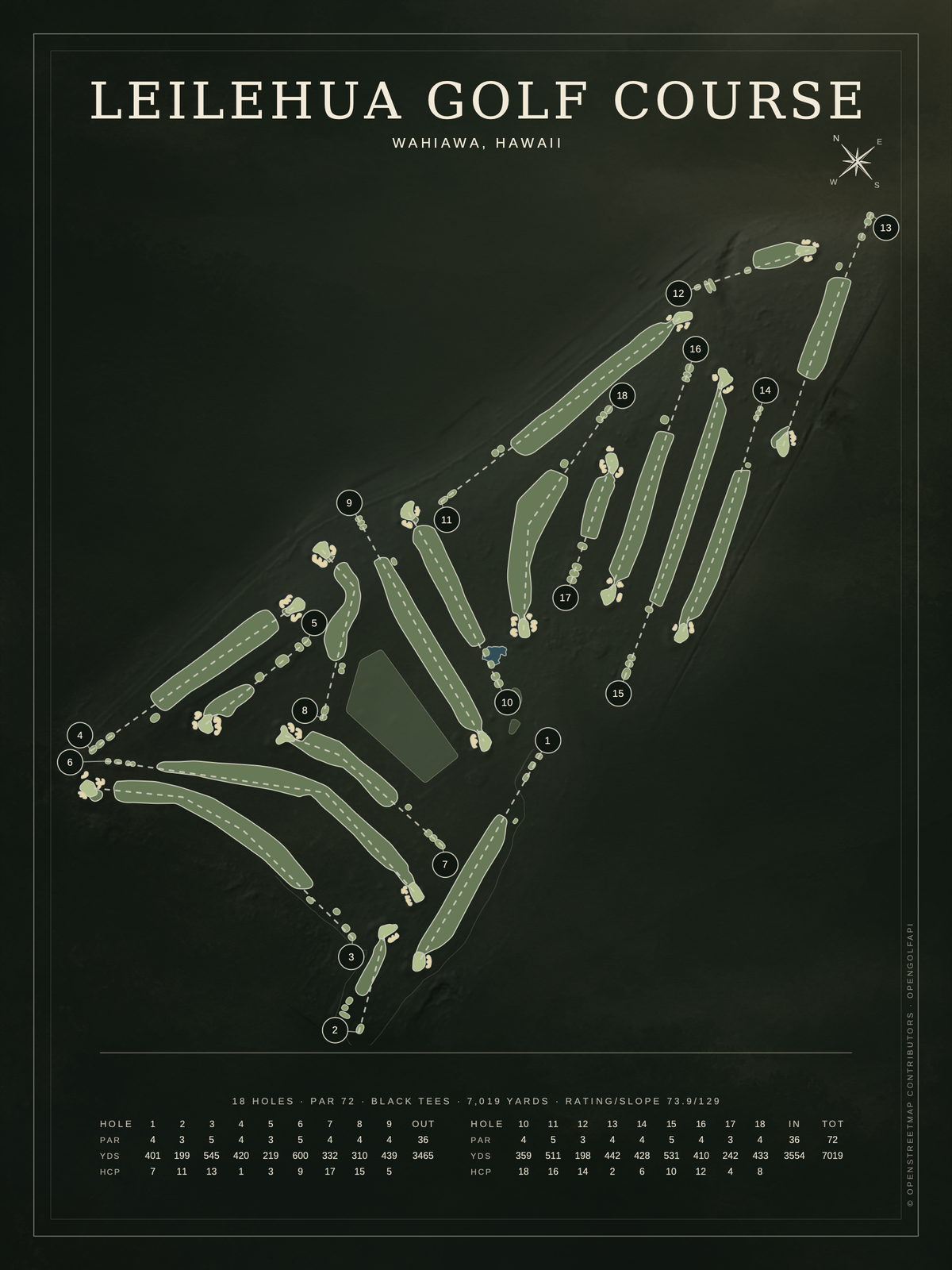 Leilehua Golf Course map poster, Architectural style, 12×16 / 18×24