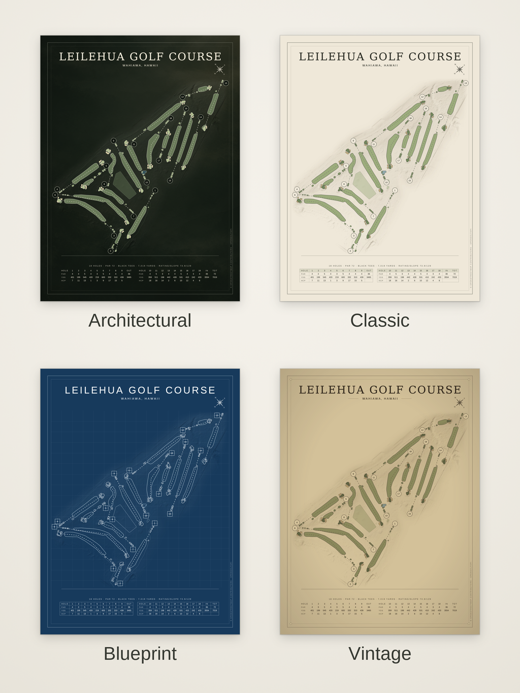 Leilehua Golf Course map poster in four styles: Architectural, Classic, Blueprint and Vintage