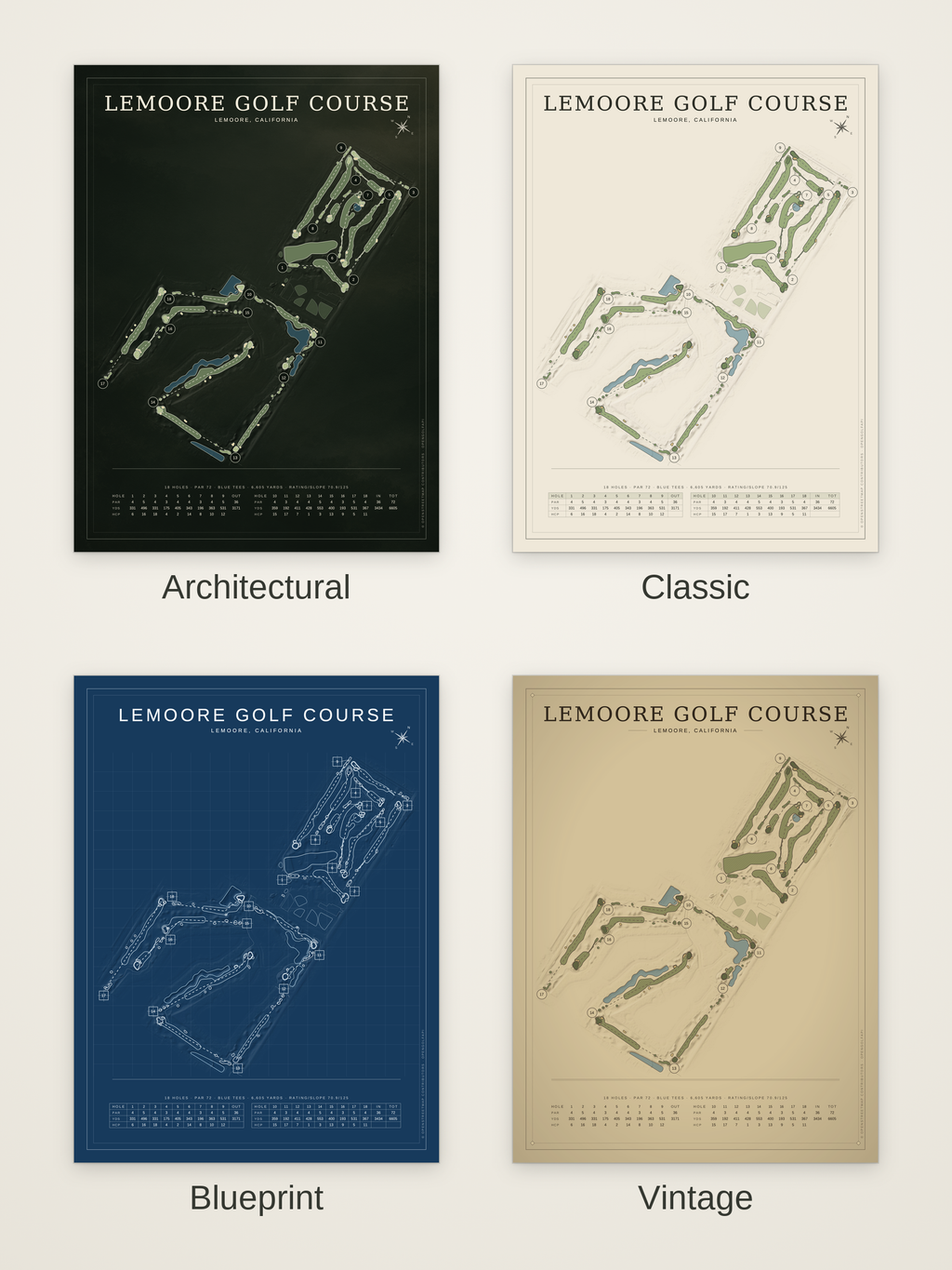 Lemoore Golf Course map poster in four styles: Architectural, Classic, Blueprint and Vintage