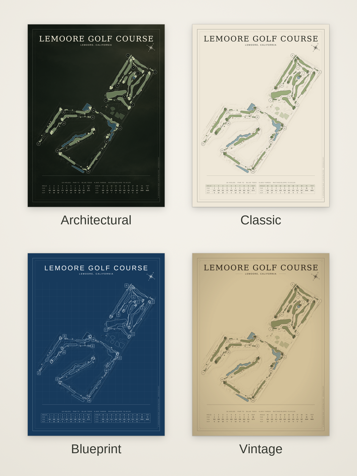 Lemoore Golf Course map poster in four styles: Architectural, Classic, Blueprint and Vintage