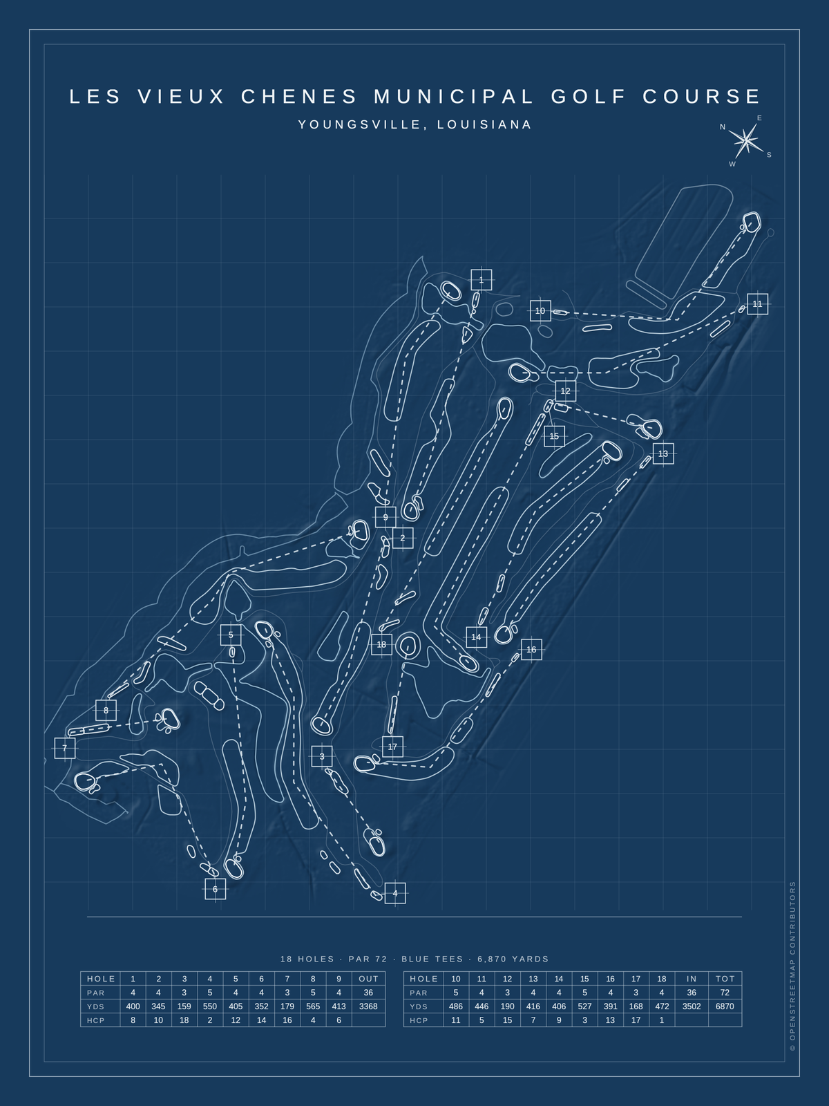 Les Vieux Chenes Municipal Golf Course map poster, Blueprint style, 12×16 / 18×24