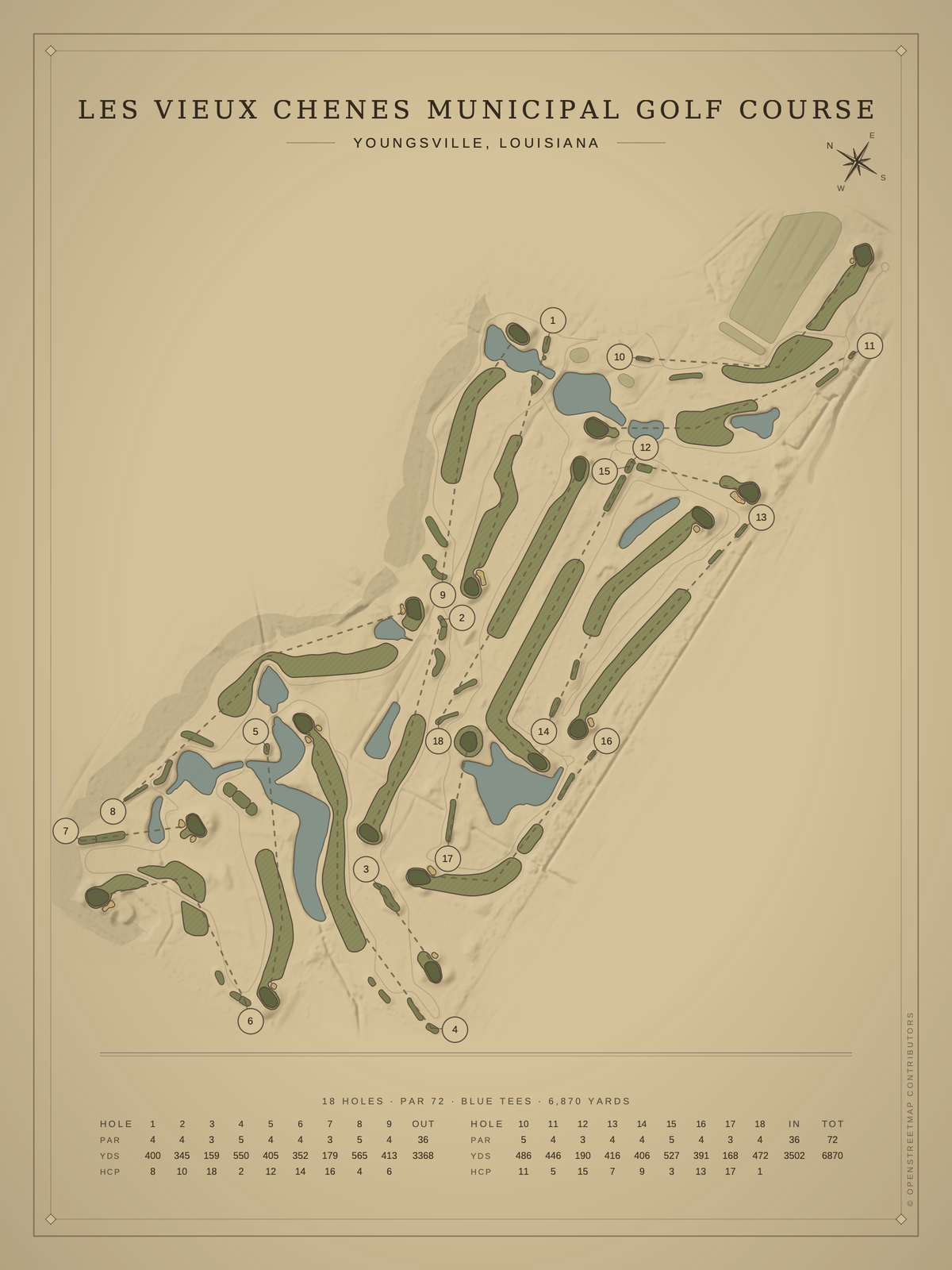 Les Vieux Chenes Municipal Golf Course map poster, Vintage style, 12×16 / 18×24