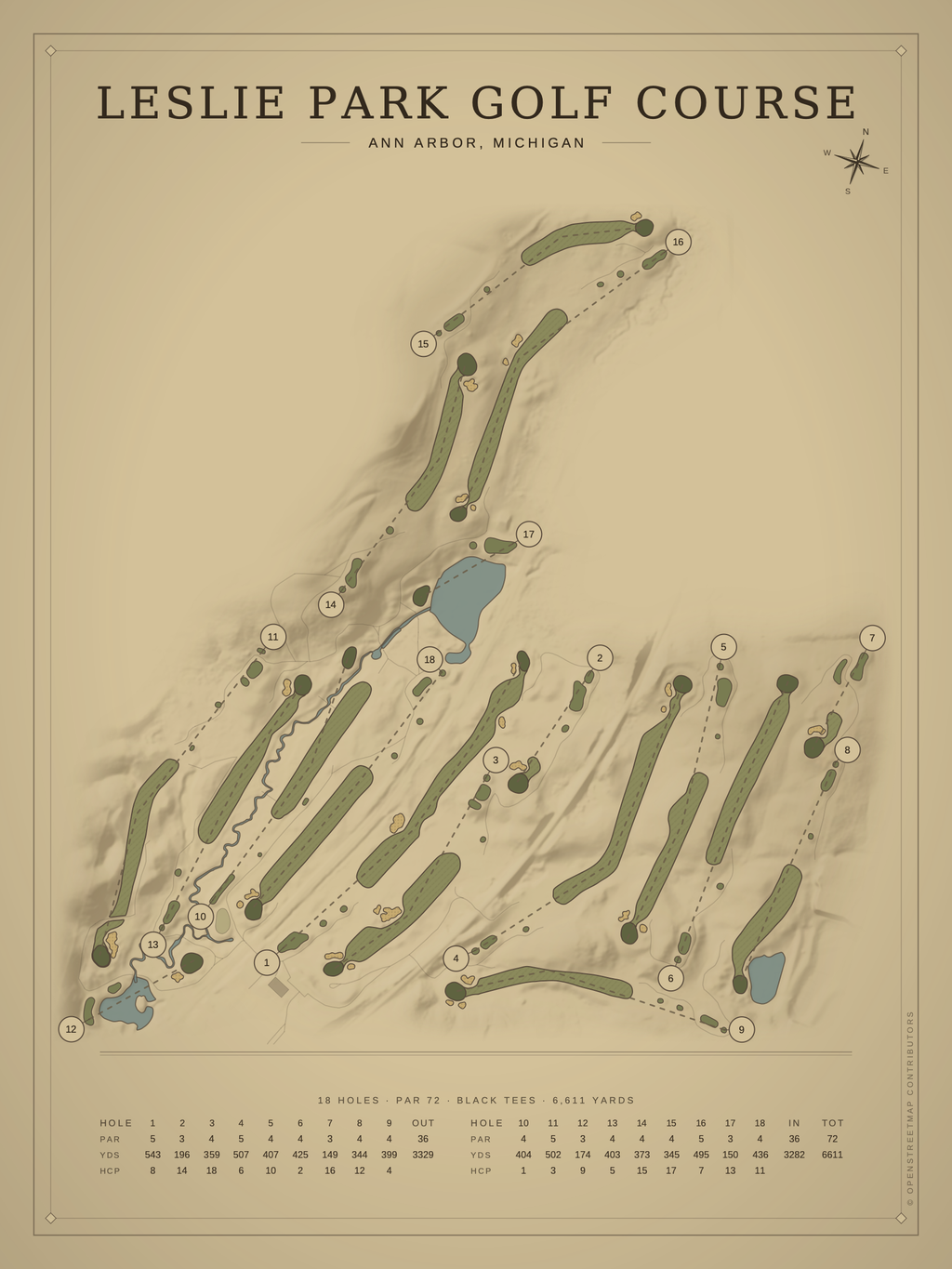 Leslie Park Golf Course map poster, Vintage style, 12×16 / 18×24