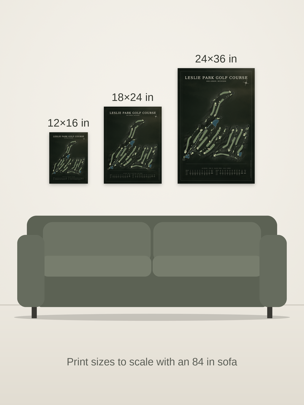 Leslie Park Golf Course map poster in the Architectural style at 12×16, 18×24 and 24×36 inches, shown to scale on a wall above an 84-inch sofa