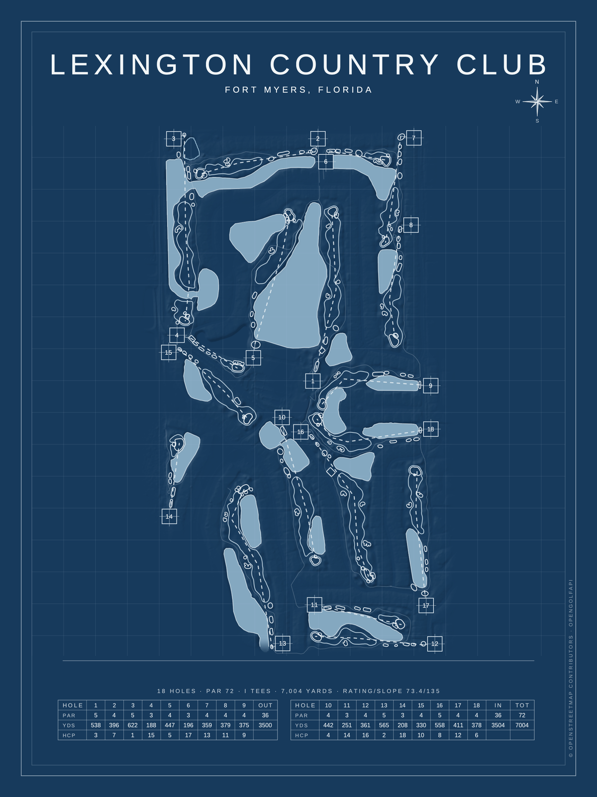 Lexington Country Club course map poster, Blueprint style, 12×16 / 18×24