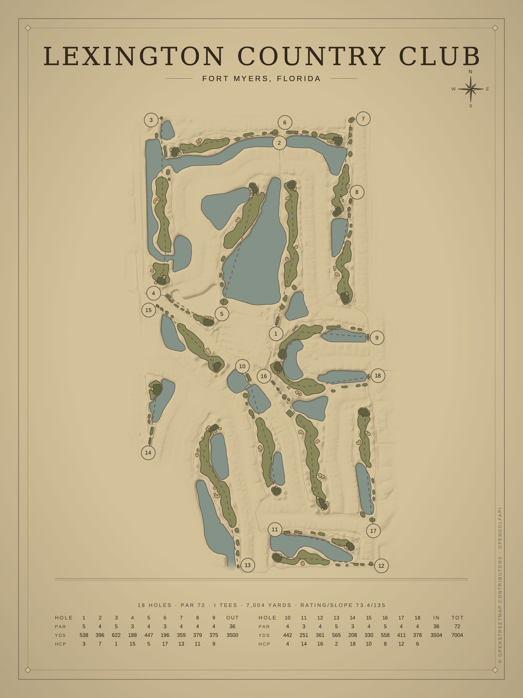 Lexington Country Club course map poster, Vintage style, 12×16 / 18×24
