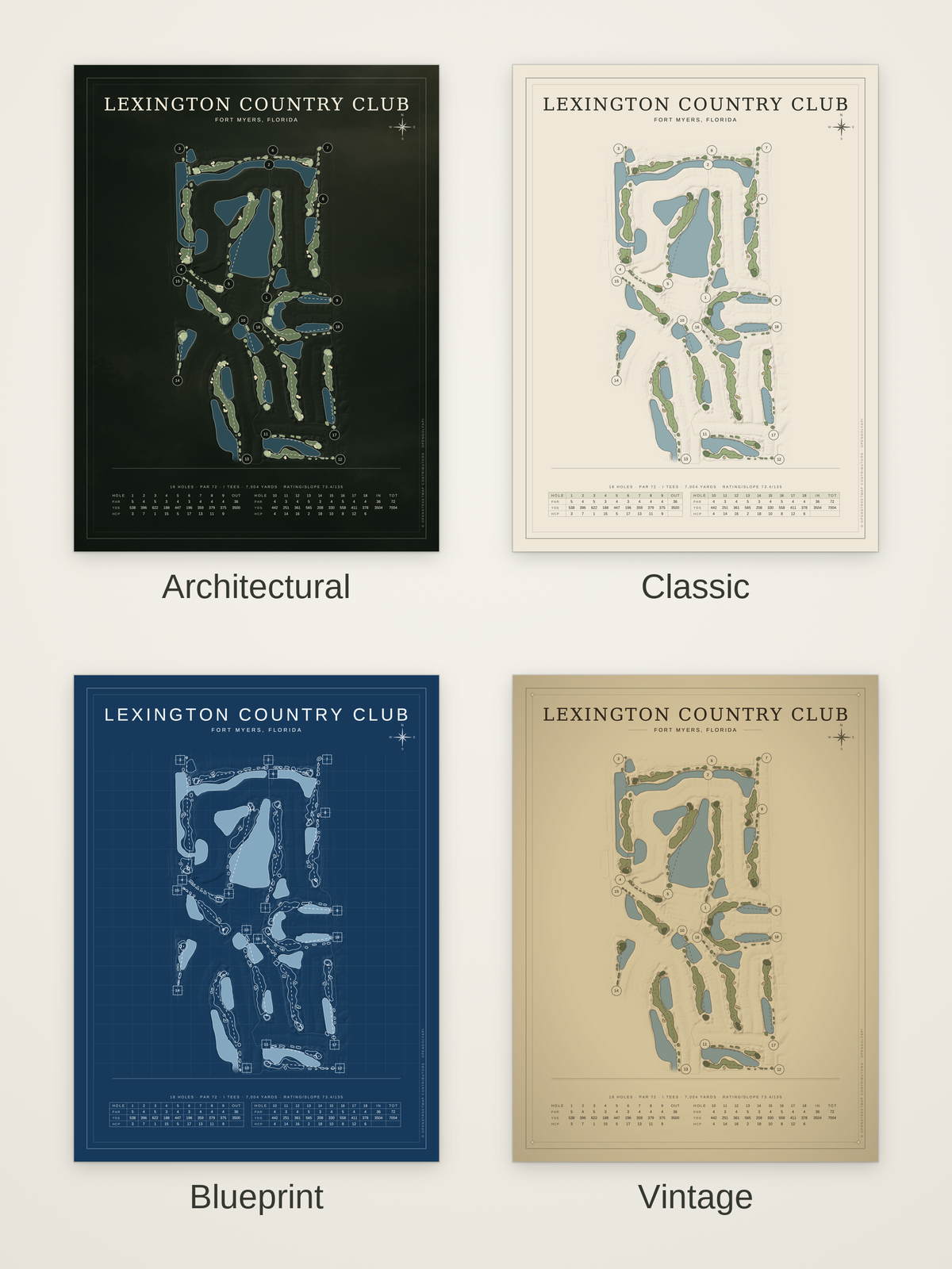 Lexington Country Club course map poster in four styles: Architectural, Classic, Blueprint and Vintage