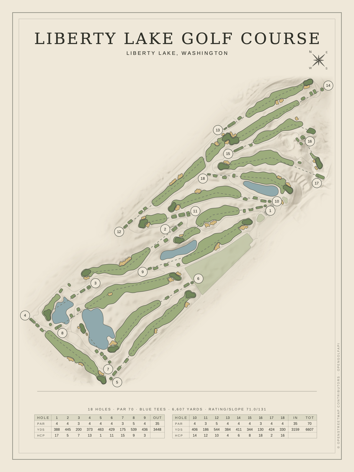 Liberty Lake Golf Course map poster, Classic style, 12×16 / 18×24