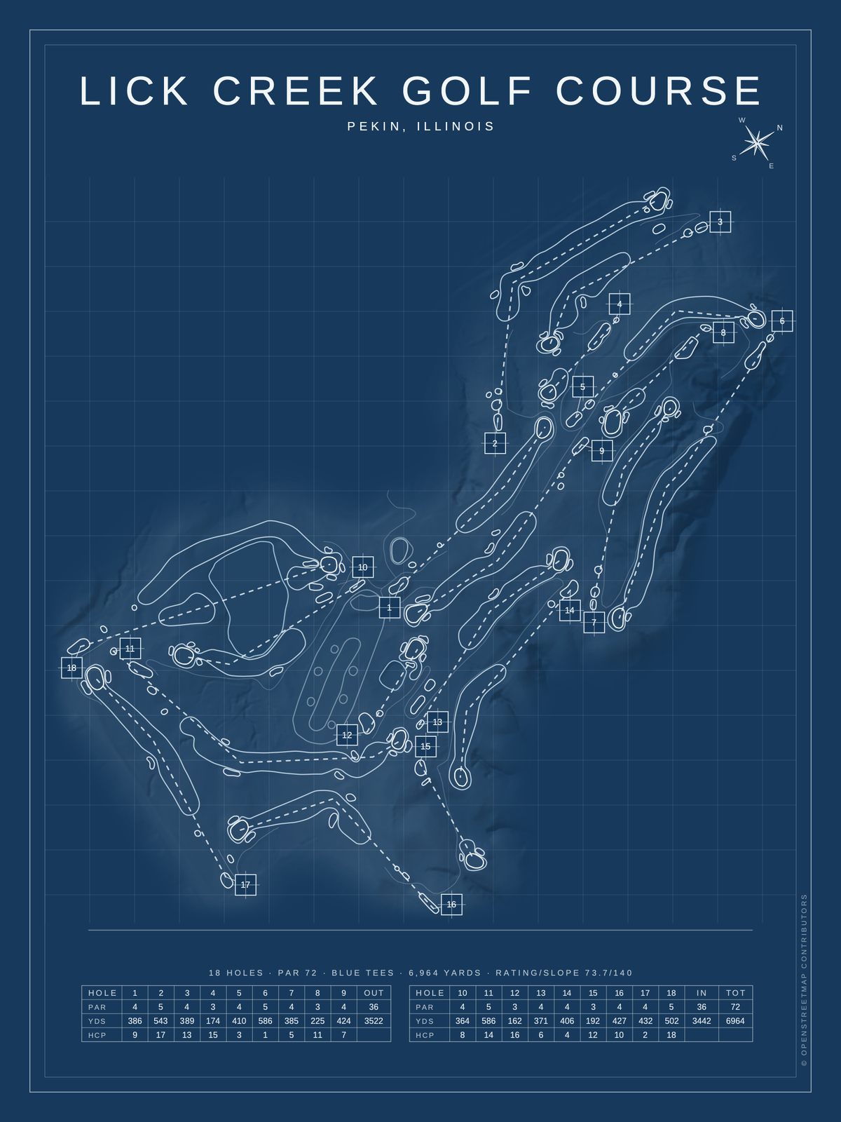 Lick Creek Golf Course map poster, Blueprint style, 12×16 / 18×24