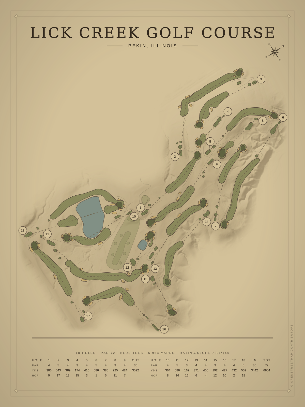 Lick Creek Golf Course map poster, Vintage style, 12×16 / 18×24
