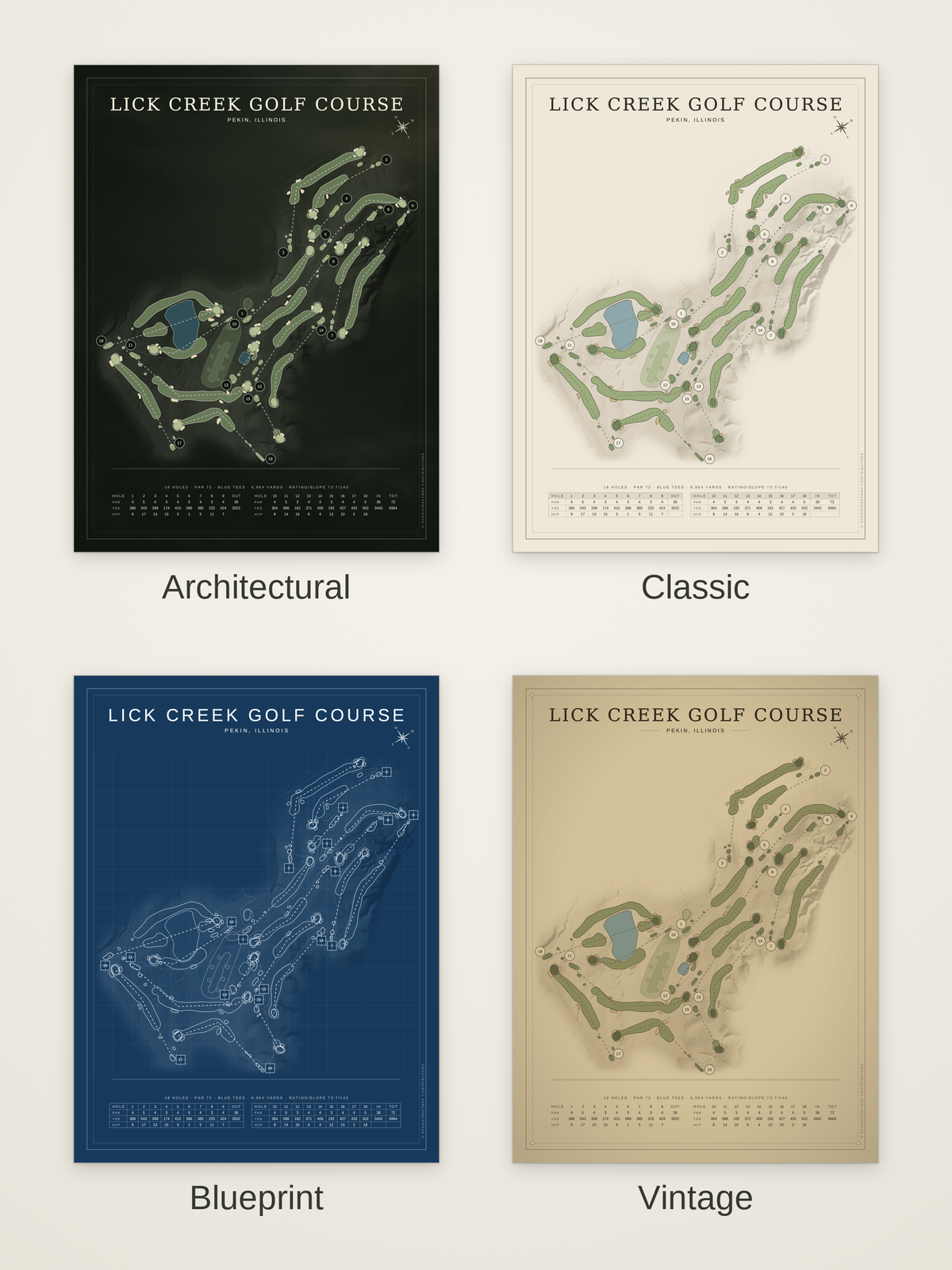 Lick Creek Golf Course map poster in four styles: Architectural, Classic, Blueprint and Vintage