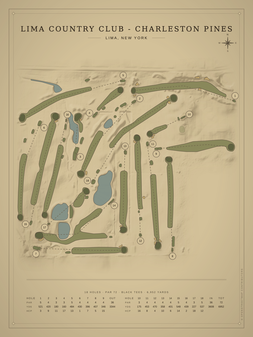 Lima Country Club - Charleston Pines course map poster, Vintage style, 12×16 / 18×24
