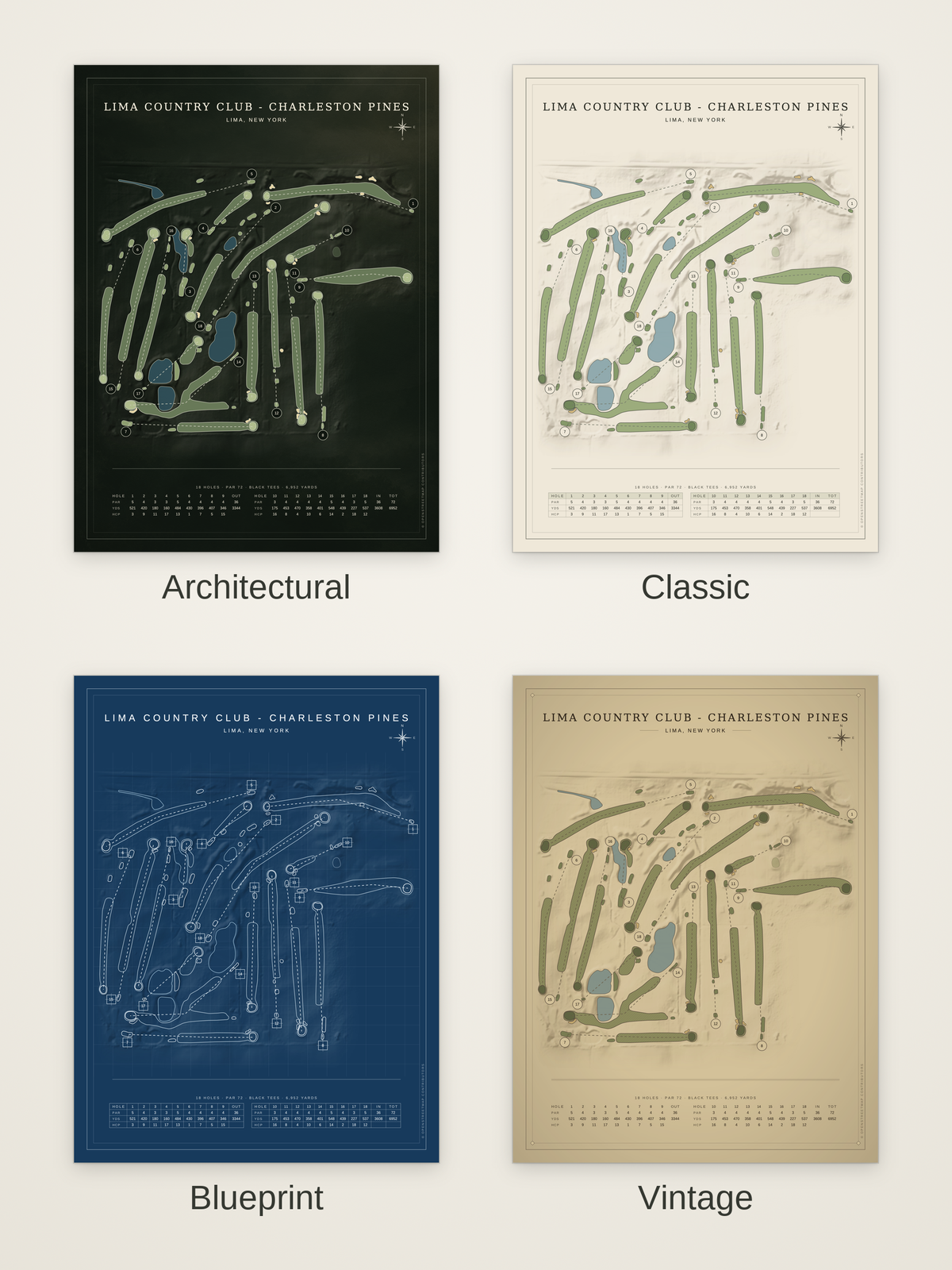 Lima Country Club - Charleston Pines course map poster in four styles: Architectural, Classic, Blueprint and Vintage