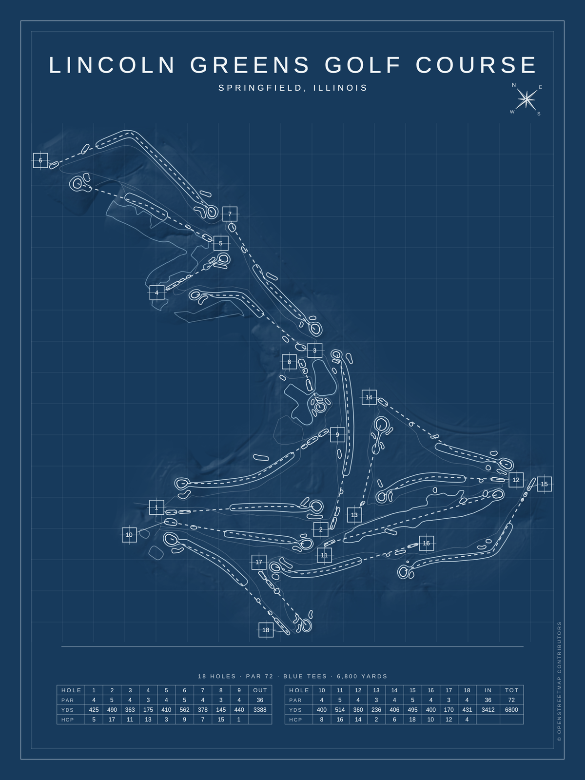 Lincoln Greens Golf Course map poster, Blueprint style, 12×16 / 18×24
