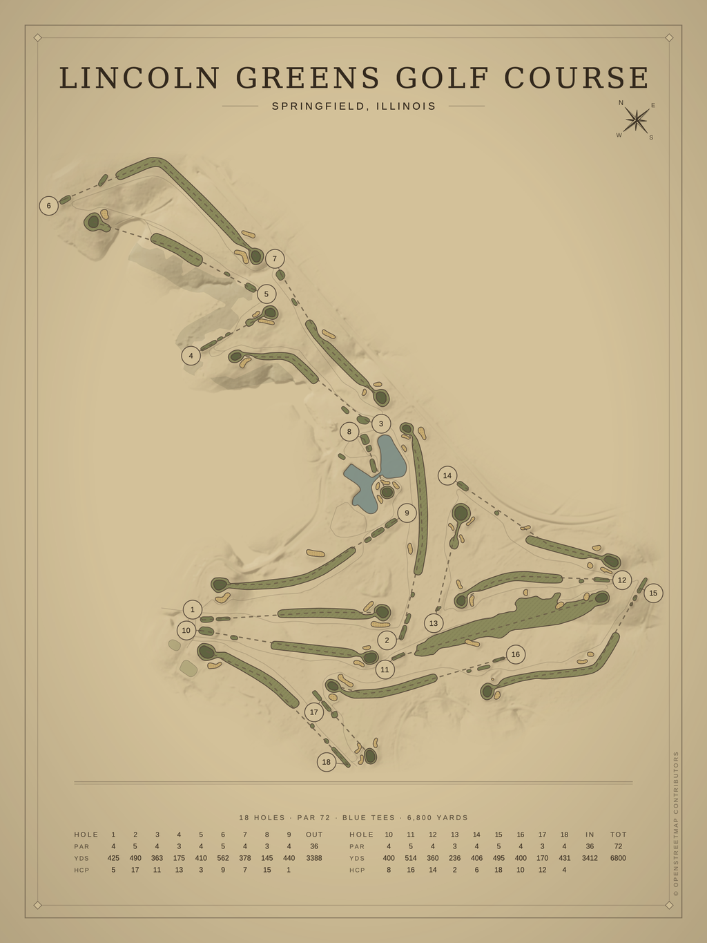 Lincoln Greens Golf Course map poster, Vintage style, 12×16 / 18×24