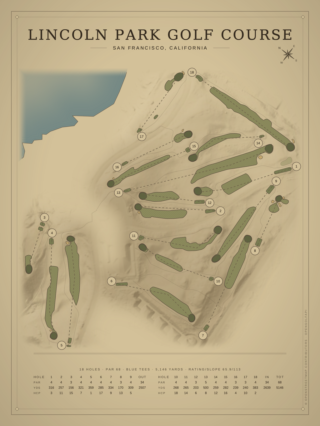 Lincoln Park Golf Course map poster, Vintage style, 12×16 / 18×24