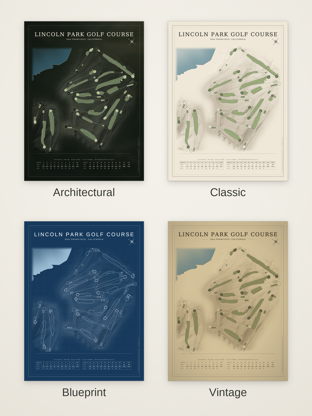 Lincoln Park Golf Course map poster in four styles: Architectural, Classic, Blueprint and Vintage
