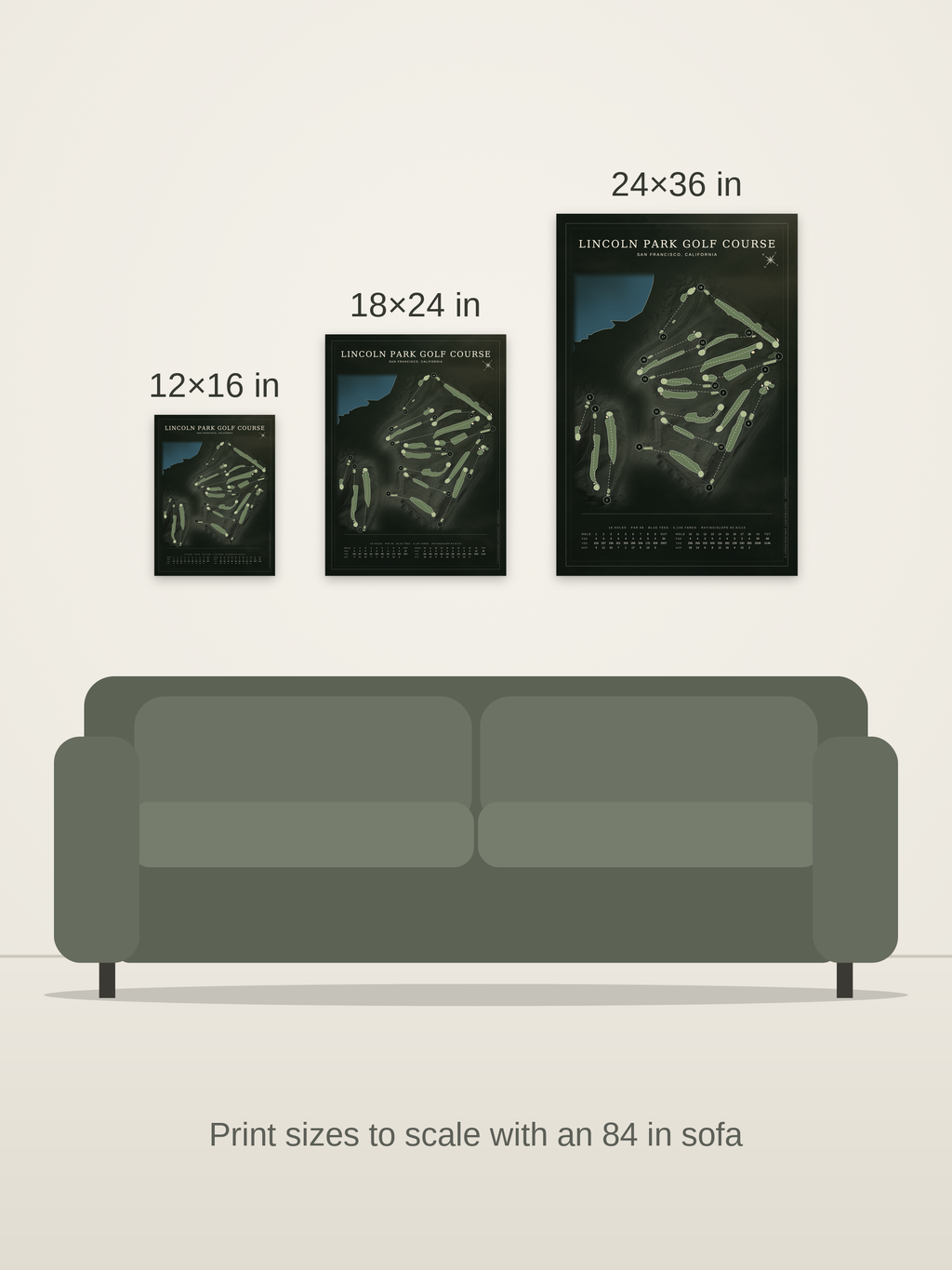 Lincoln Park Golf Course map poster in the Architectural style at 12×16, 18×24 and 24×36 inches, shown to scale on a wall above an 84-inch sofa