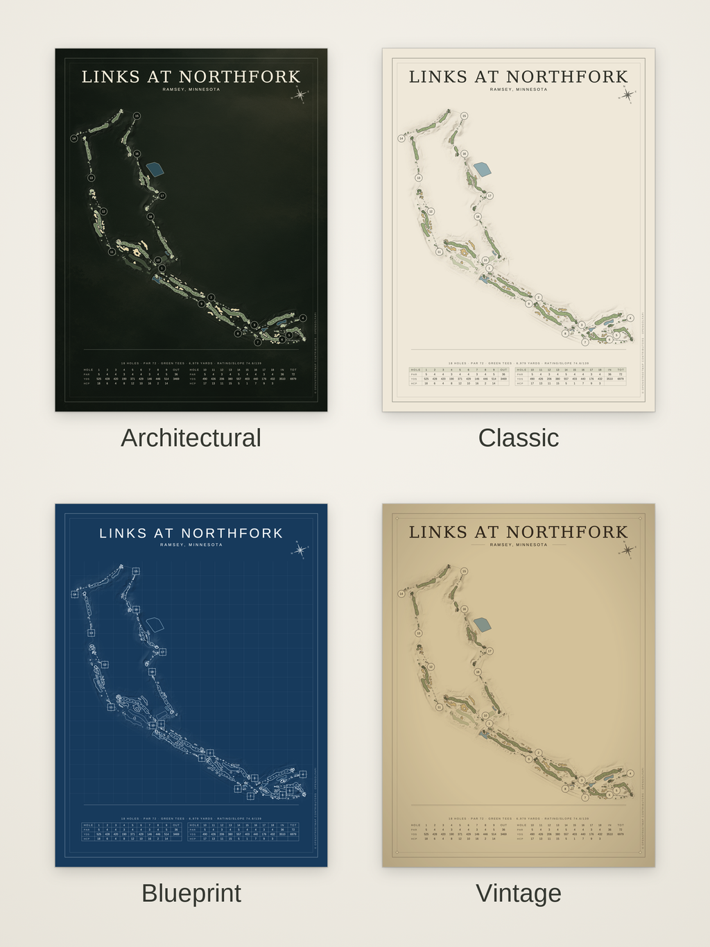 Links at Northfork course map poster in four styles: Architectural, Classic, Blueprint and Vintage
