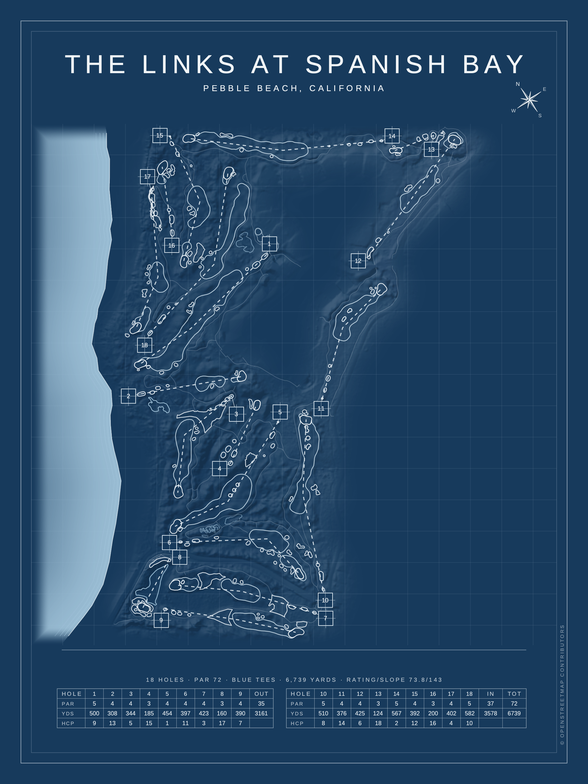 The Links at Spanish Bay course map poster, Blueprint style, 12×16 / 18×24