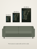 The Links at Spanish Bay course map poster in the Architectural style at 12×16, 18×24 and 24×36 inches, shown to scale on a wall above an 84-inch sofa
