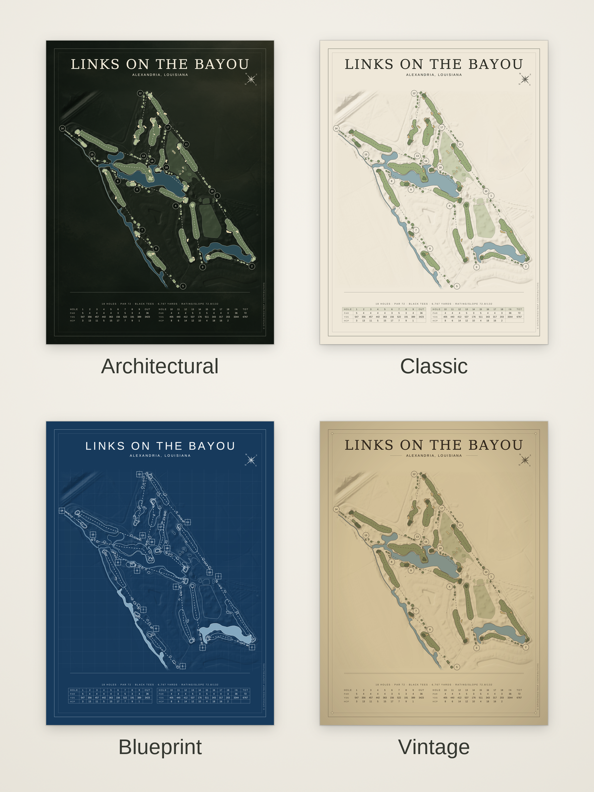 Links on the Bayou course map poster in four styles: Architectural, Classic, Blueprint and Vintage