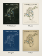 Linrick Golf Course map poster in four styles: Architectural, Classic, Blueprint and Vintage