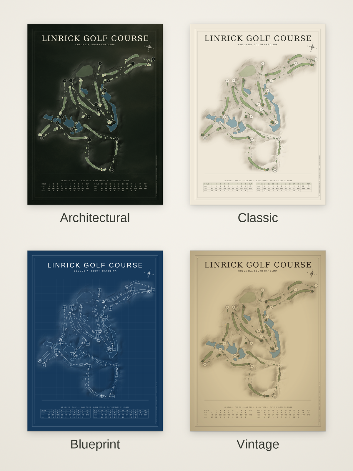Linrick Golf Course map poster in four styles: Architectural, Classic, Blueprint and Vintage