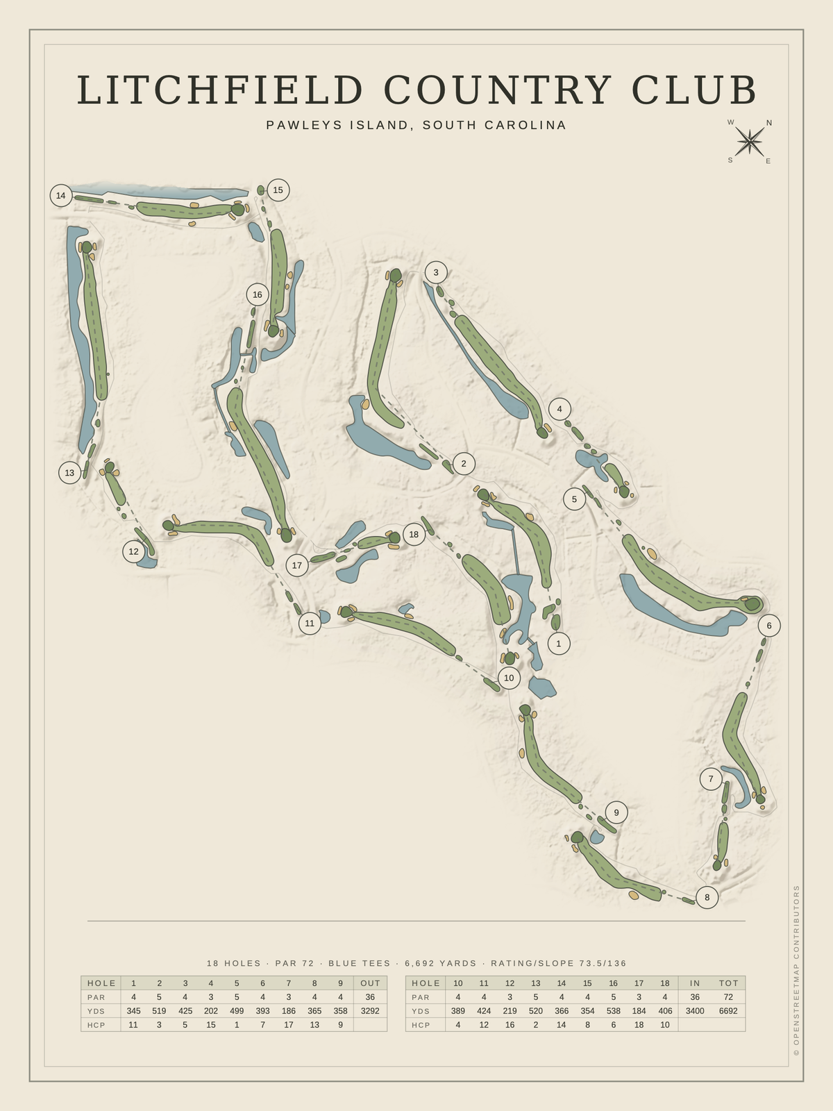Litchfield Country Club course map poster, Classic style, 12×16 / 18×24