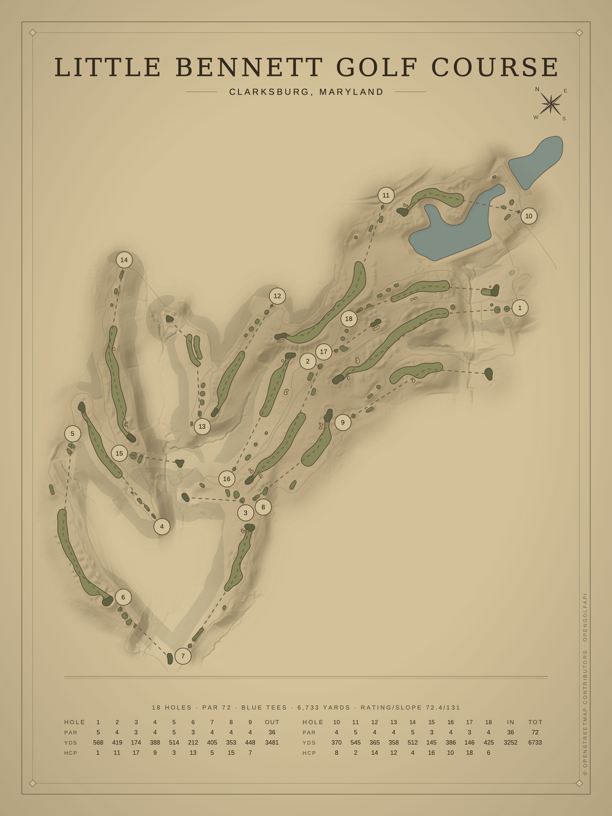 Little Bennett Golf Course map poster, Vintage style, 12×16 / 18×24